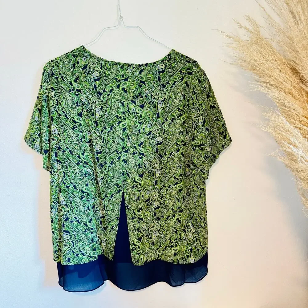 MICHAEL KORS Green White Navy Blue Paisley Print Tunic $120 Blouse Top Shirt 2X